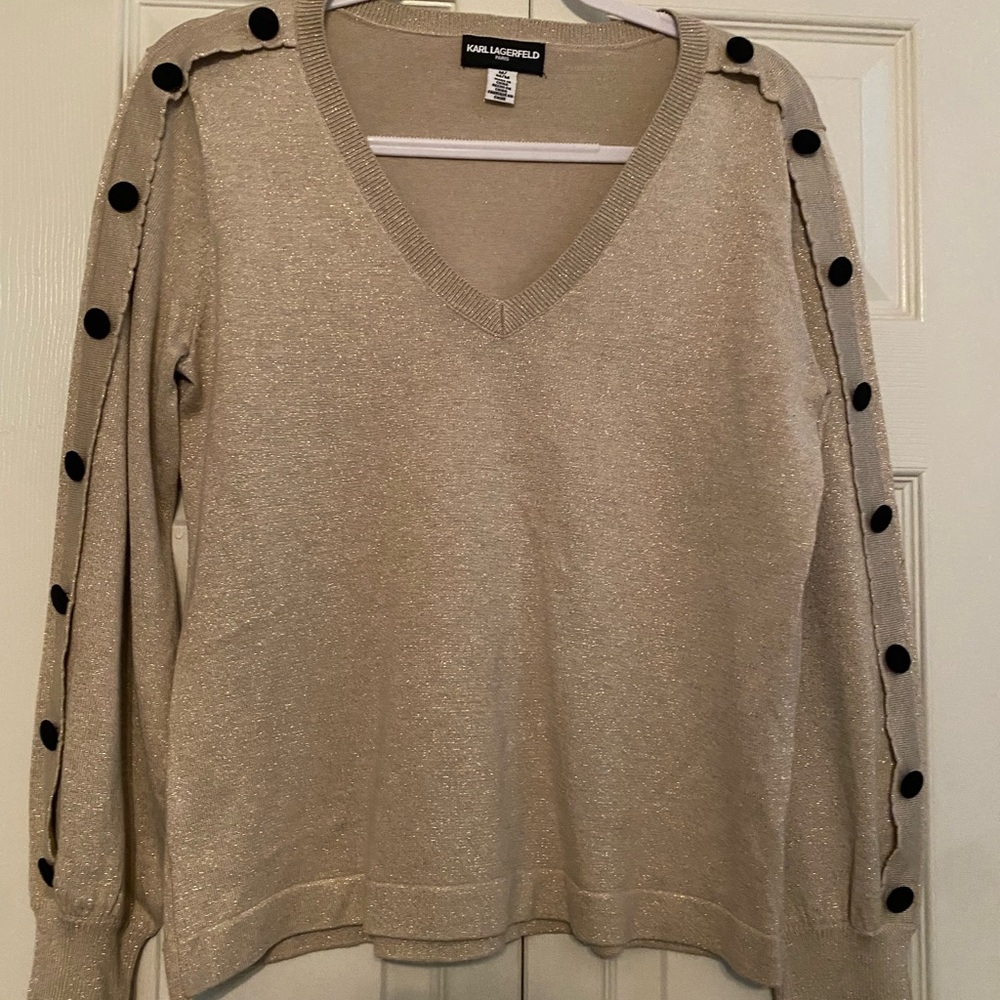 Karl Lagerfeld Cream V-Neck Sweater with Black Sleeve Buttons